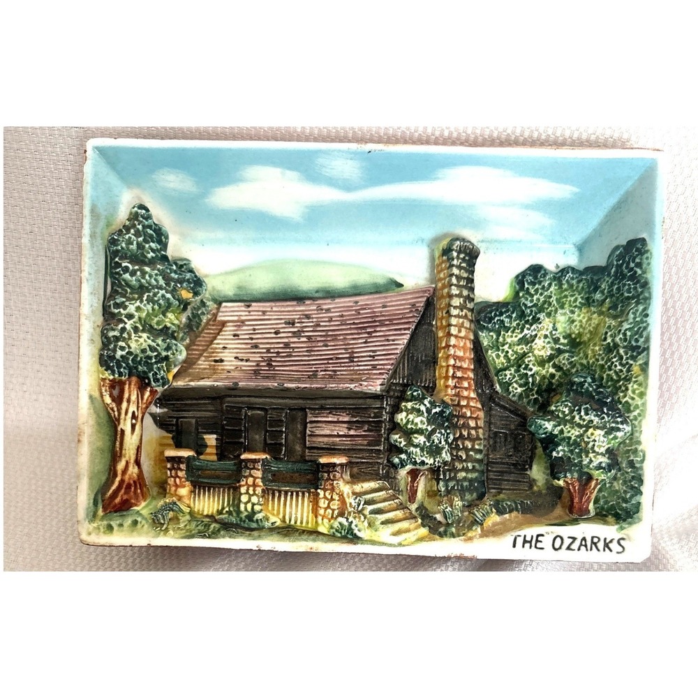 Vintage The Ozarks Log Cabin 3D Relief Ceramic Wall Plaque Trinket Dish Souvenir